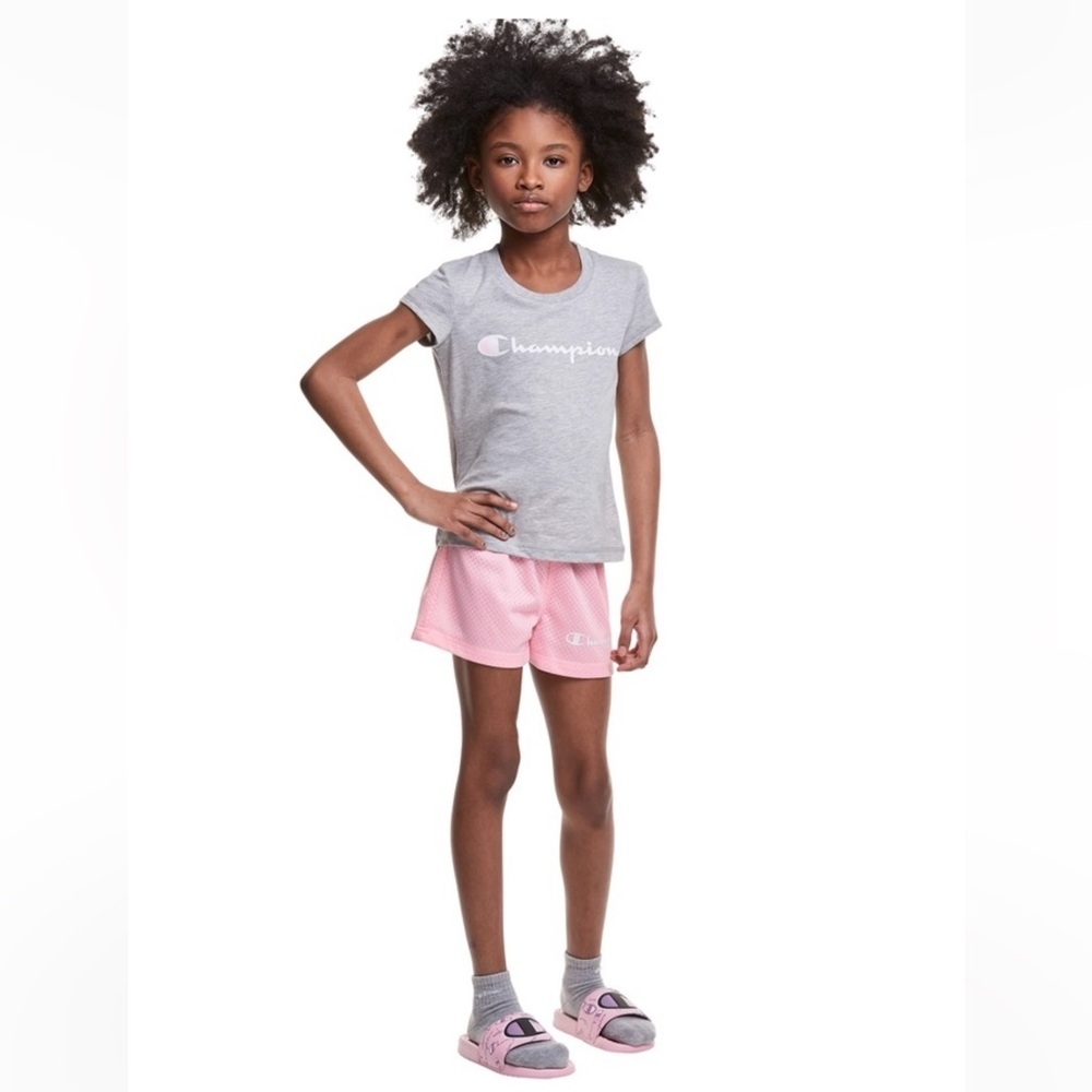 CHAMPION GIRLS SPORTY 2 PC SHORTS & T-SHIRT SET - GRAY/PINK (NEW WITH TAGS) A12